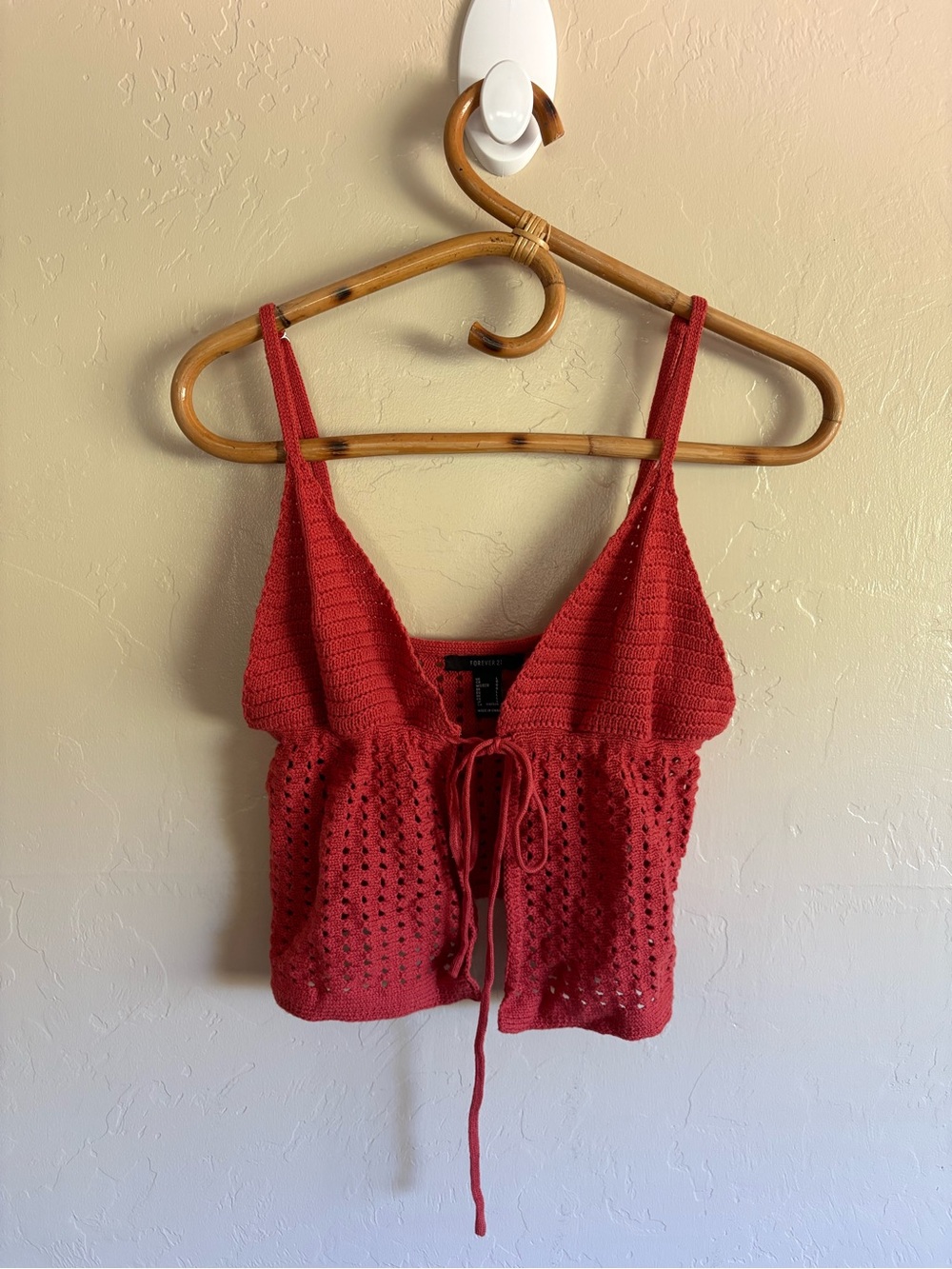 Forever 21 Crochet Tie Open Front Red Cami Tank Top Size Large Boho Hippie
